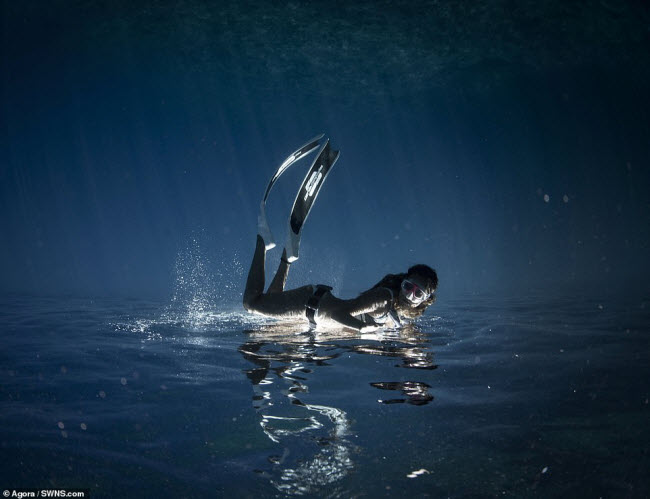 Cô gái lặn tự do trong làn nước tinh khiết ở Okinawa, Japan.
