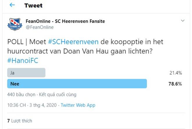 Người hâm mộ Heerenveen không hào hứng với Văn Hậu
