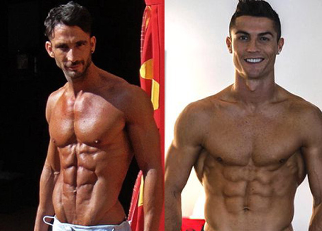 Ronaldo (phải) hẳn sẽ ao ước khi nhìn thấy cơ bụng 10 múi của lực sĩ người Anh (trái)