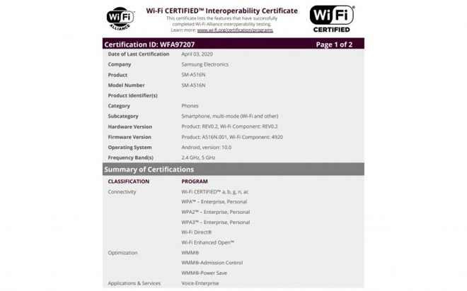 Samsung Galaxy A51 5G đã được chứng nhận Wi-Fi.
