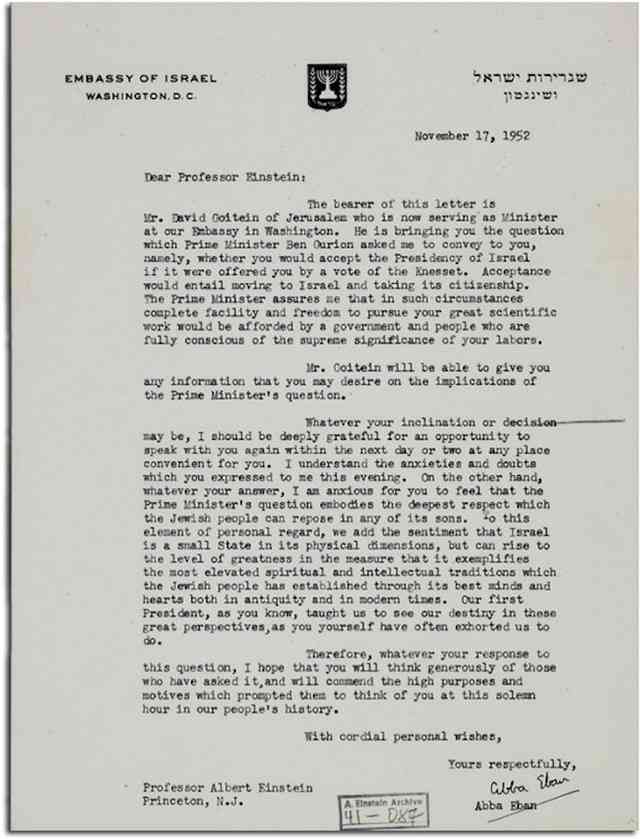 Văn bản mời Albert Einstein làm tổng thống.