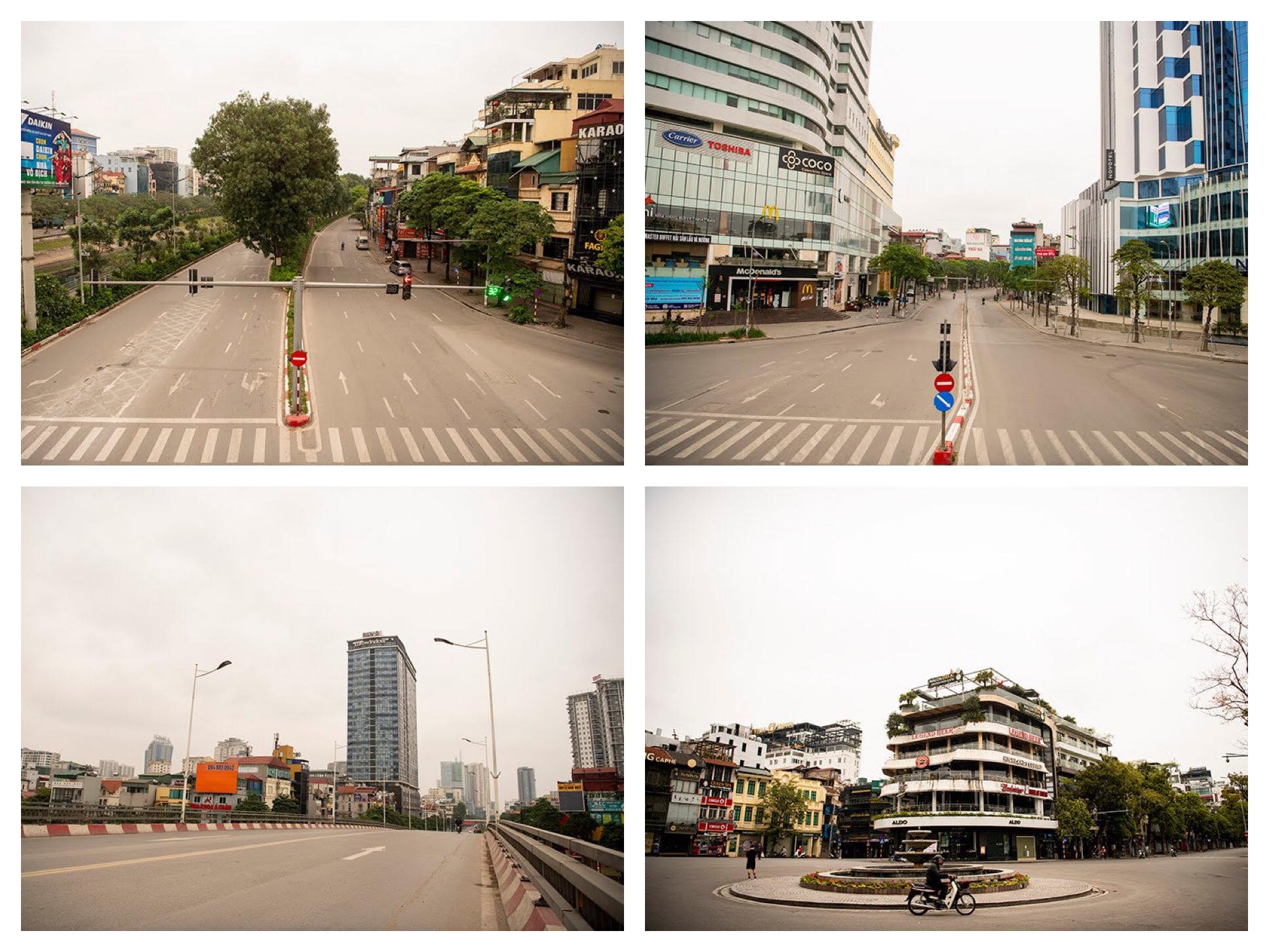 Đường phố Hà Nội vắng vẻ trong ngày đầu thực hiện cách ly toàn xã hội. (Ảnh chụp tại Hà Nội ngày 1/4)