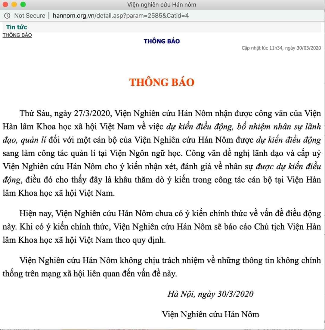 Thông báo của Viện Nghiên cứu Hán Nôm cho thấy dự kiến có sự dịch chuyển vị trí lãnh đạo ở cả Viện Ngôn ngữ học. Thông báo này sau đó đã không xuất hiện trên website của Viện Nghiên cứu Hán Nôm nữa.