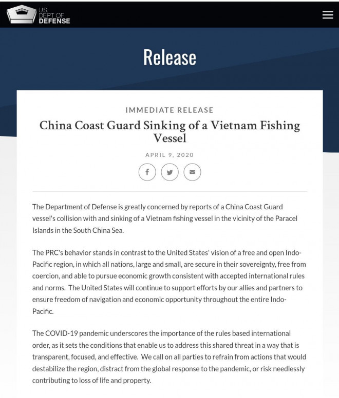 Bộ Quốc phòng Mỹ hôm 9-4 lên án hành động của Trung Quốc đối với tàu cá Việt Nam tại vùng biển thuộc quần đảo Hoàng Sa của Việt Nam trên biển Đông. Ảnh: Bộ Quốc phòng Mỹ