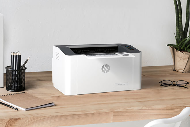 Máy in HP Laser 107w có thiết kế siêu nhỏ gọn đáp ứng nhu cầu in ấn cơ bản với mực giá cực phải chăng.