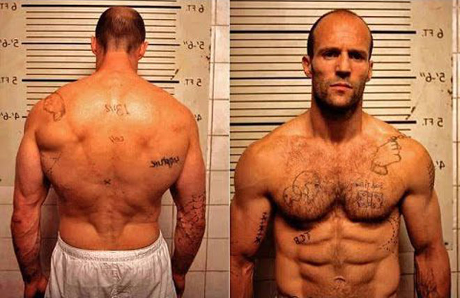 Jason Statham has a "tiger back and bear shoulders" and a 6-pack belly