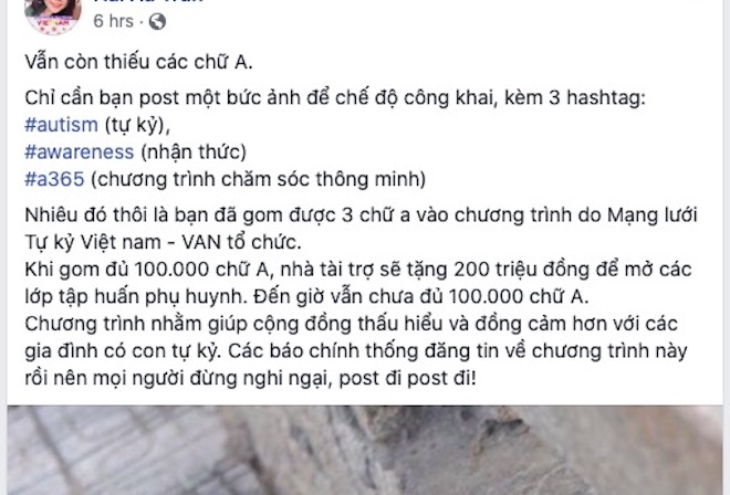 Một bài đăng chia sẻ về chương trình "gom 100.000 chữ A".