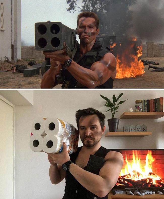 Anh chàng nhại lại diễn viên chính trong phim Commando (Biệt kích) với khẩu pháo "giấy vệ sinh" trên vai.