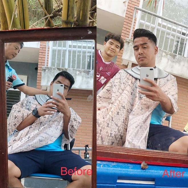 HLV Lê Huỳnh Đức cắt tóc cho trợ lý Việt Thắng trước sự chứng kiến của Hà Đức Chinh