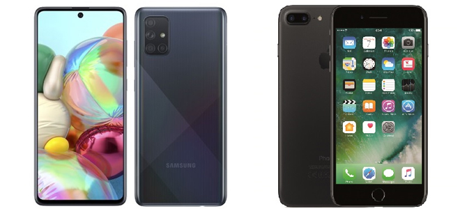 Galaxy A71 (trái) và iPhone 7 Plus (phải).