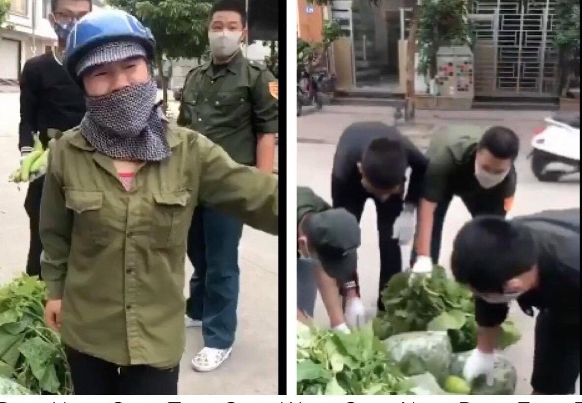 Người phụ nữ bán rau van xin để không bị thu rau về phường.
