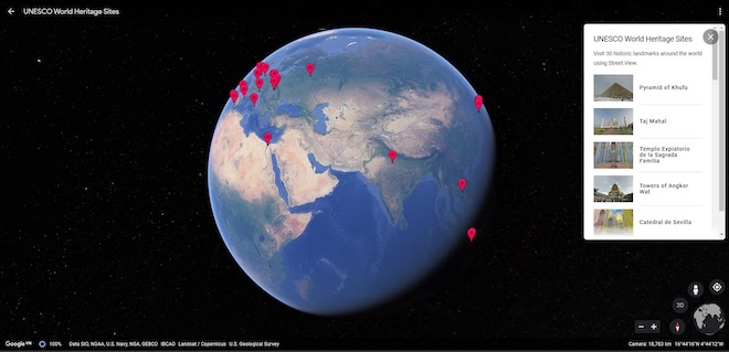 Bản đồ đánh dấu các di sản văn hóa thế giới của UNESCO từ Google Earth.