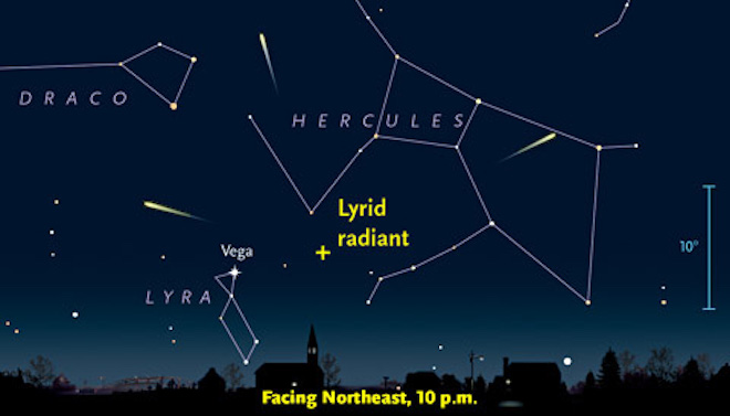Cách xác định diểm phát ra mưa sao băng Lyrids (dấu +) dựa vào chòm sao Lyra, Hercules và Draco - ảnh: EARTH SKY