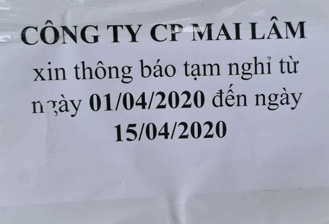 Công ty Mai Lâm thông báo nghỉ đến 15/4 nhưng đến nay vẫn chưa hoạt động. Ảnh:MB