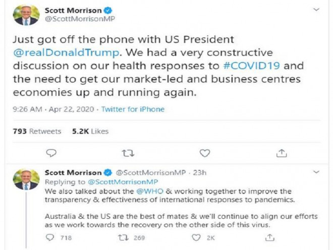 Twitter của Thủ tướng Úc&nbsp; Scott Morrison nói về cuộc điện đàm với Tổng thống Mỹ Donald Trump. Ảnh: TWITTER