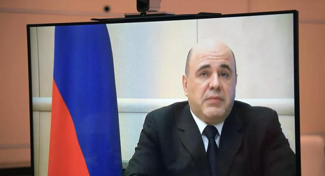 Hình ảnh Thủ tướng Nga Mikhail Mishustin trong cuộc họp trực tuyến với Tổng thống Nga Vladimir Putin. Ảnh: SPUTNIK