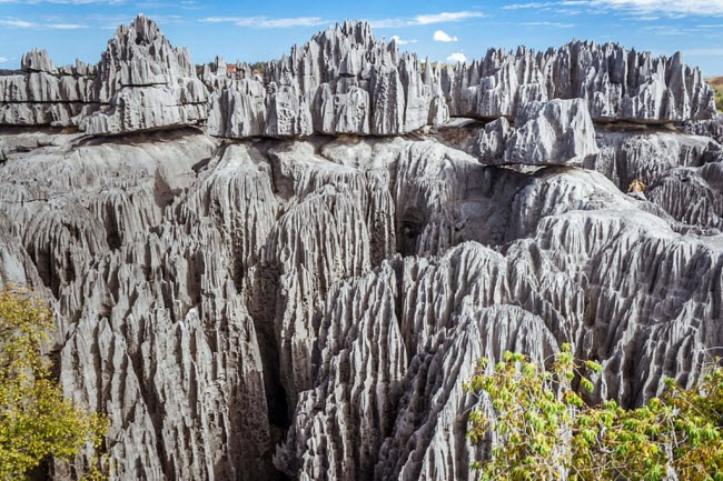 Great Tsingy, Madagascar: Hơn 200 triệu năm trước, đáy biển đá vôi đã nhô cao để tạo thành cao nguyên đá và hiện là vườn quốc gia Tsingy de Bemaraha. Qua nhiều năm, mưa lớn đã tạo nên những cấu trúc đá Great Tsingy hay còn được gọi là “đầu ngón chân”.
