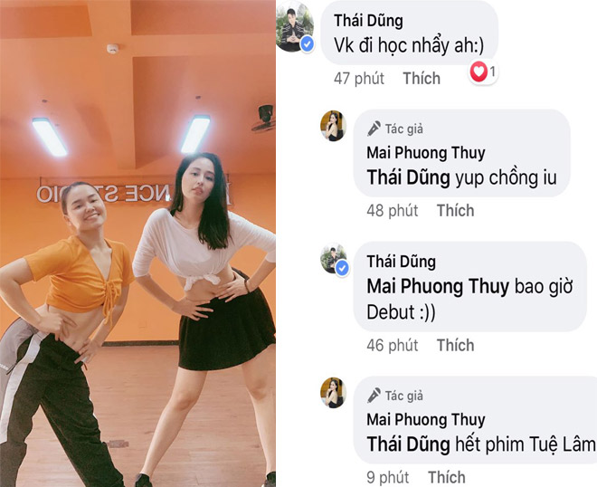 Mai Phương Thuý chia sẻ hình ảnh đi tập nhảy cùng biên đạo múa Huỳnh Mến và&nbsp;gây chú ý với đoạn hội thoại thoải mái xưng hô "vợ chồng" với một chàng trai