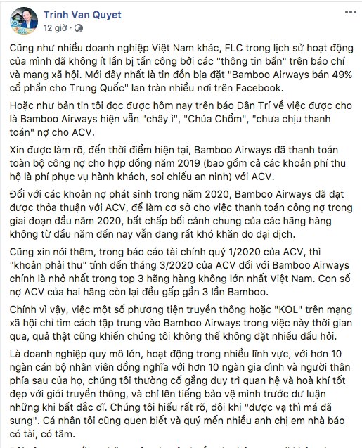 Ông Trịnh Văn Quyết, đã phản bác thông tin Bamboo Airways nợ như "chúa chổm"&nbsp;trên trang Facebook cá nhân.