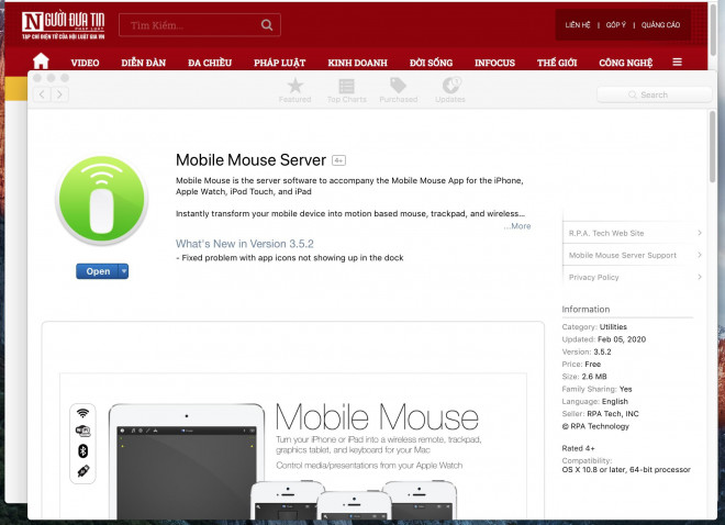 Ứng dụng Mobile Mouse Server trên App Store.
