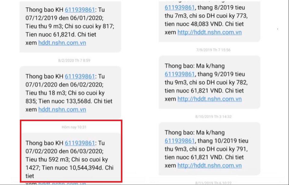 Hóa đơn tiền nước tháng 2 và những tháng trước đó nhà anh C.