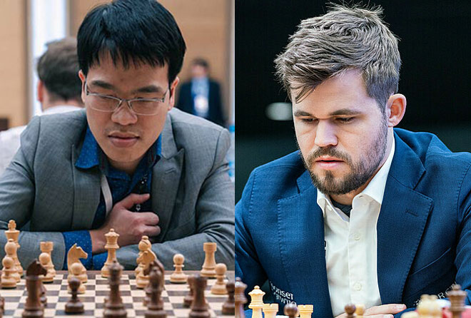 Quang Liêm (trái) có cơ hội đánh bại "Vua cờ" Carlsen (phải) ở giải trực tuyến Steinitz Memorial 2020, có tổng giá trị lên tới 762 triệu đồng bắt đầu từ 15 tới 17/5