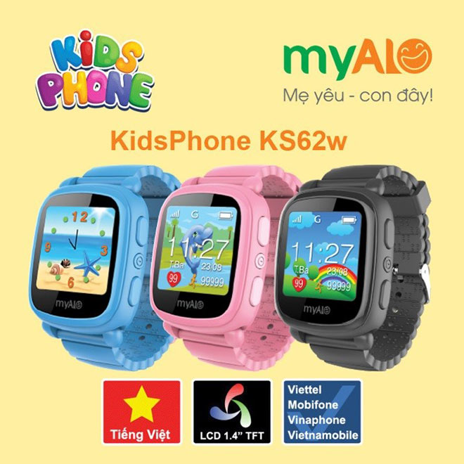 Đồng hồ myAlo KS62w với giao diện Tiếng Việt, màn hình màu cảm ứng 1,4 inch và tương thích với SIM của tất cả các mạng Viettel, Mobifone, Vinaphone và Vietnamobile