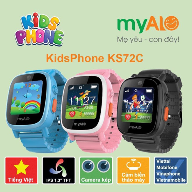 Đồng hồ myAlo KS72C với giao diện Tiếng Việt, màn hình màu cảm ứng IPS 1,3 inch, tích hợp máy ảnh kép, đèn pin, cảm biến tháo máy và tương thích với SIM của tất cả các nhà mạng Viettel, Mobifone, Vinaphone và Vietnamobile