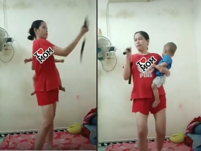 Bạn trẻ - Cuộc sống - Choáng váng xem clip "nữ cao thủ" vừa bế trẻ vừa múa côn nhị khúc điệu nghệ