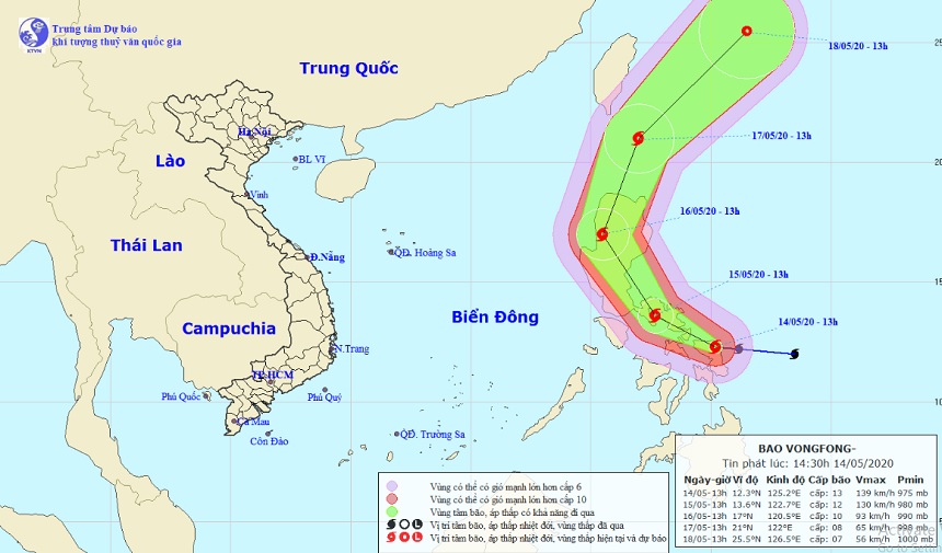Vị trí và hướng di chuyển tiếp theo của bão VONGFONG. Ảnh Trung tâm Dự báo KTTVQG.