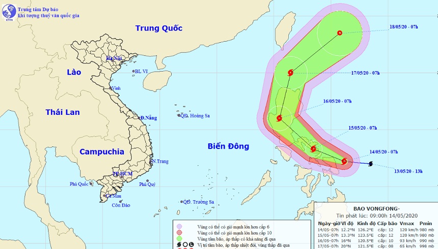 Vị trí và hướng di chuyển tiếp theo của bão VONGFONG. Ảnh Trung tâm Dự báo KTTVQG.