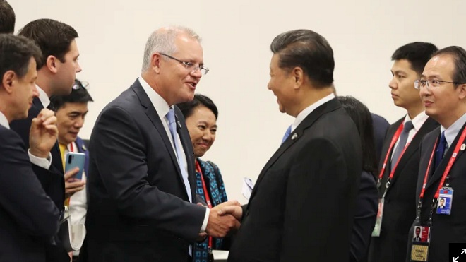 Thủ tướng Úc&nbsp;Scott Morrison (trái) và Chủ tịch Trung Quốc Tập Cận Bình.