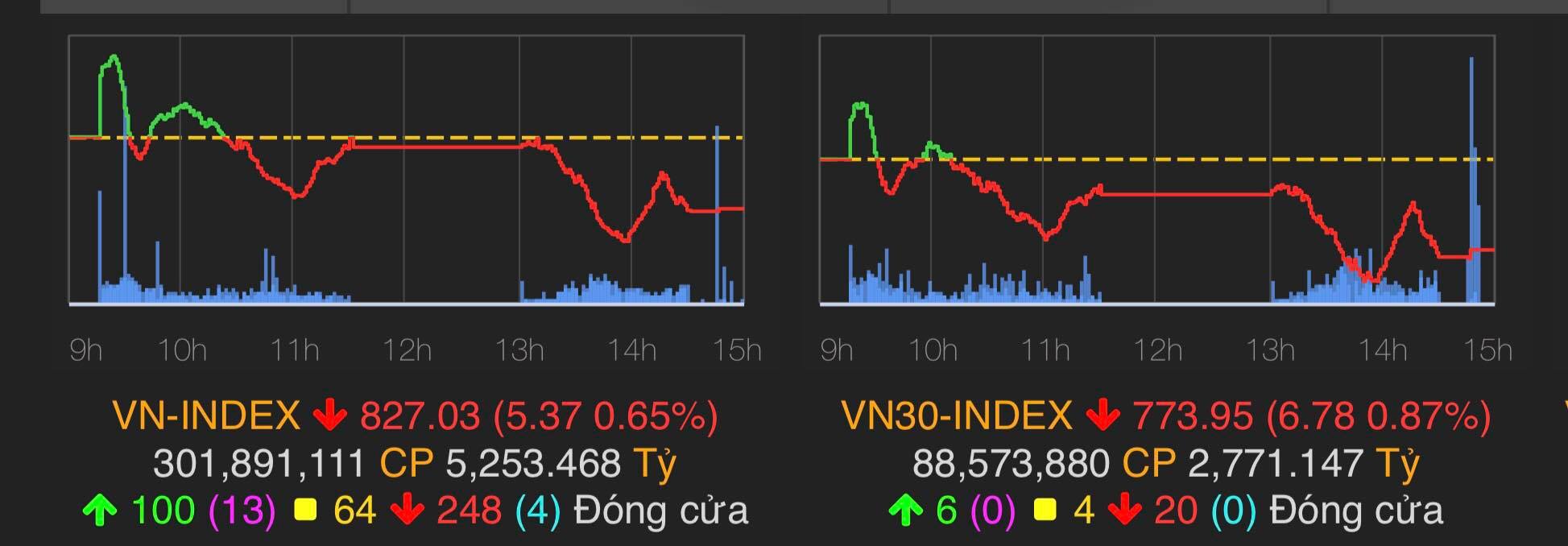 VN-Index giảm 5,37 điểm (0,65%) xuống 827,03 điểm.