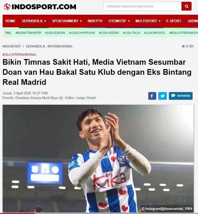 Indo Sport dùng nhiều từ ngữ nặng nề khi nói về Văn Hậu
