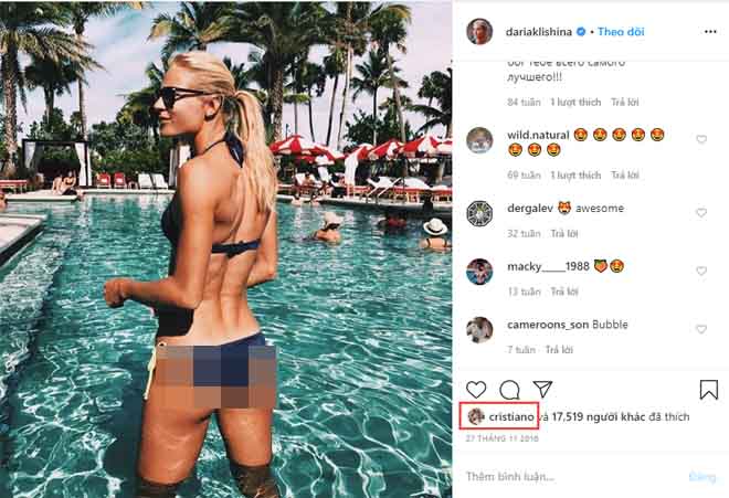 Trên mạng xã hội, Ronaldo thường xuyên "thả thính" Klishina