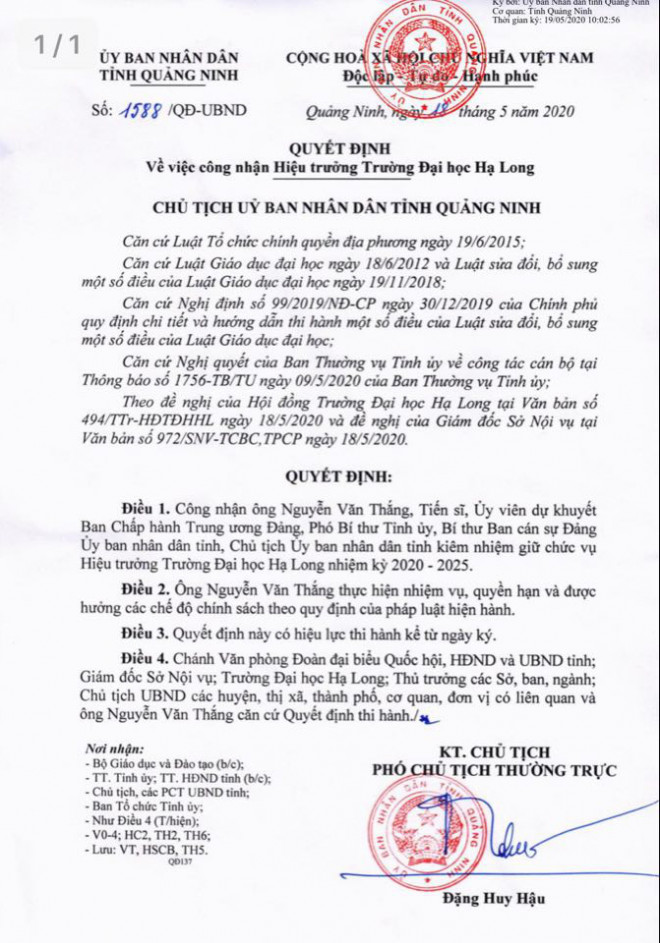 Ông Nguyễn Văn Thắng - Chủ tịch UBND tỉnh Quảng Ninh kiêm nhiệm chức danh Hiệu trưởng Trường Đại học Hạ Long.