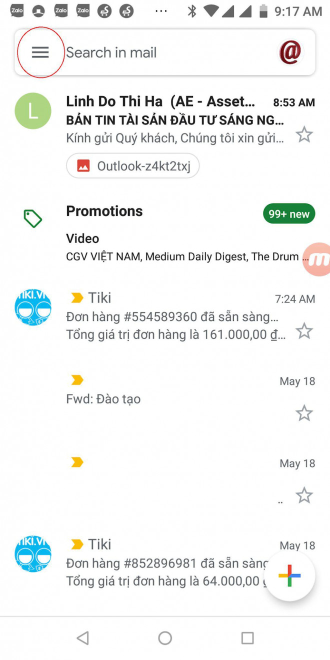 Với app Gmail trên điện thoại Android, để chuyển sang chế độ nền tối chúng ta bấm biểu tượng Menu trên góc trái.