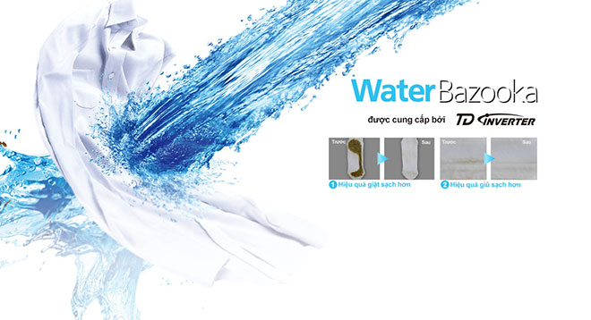 Xoáy nước cực mạnh Water Bazooka gia tăng hiệu quả giặt sạch của máy giặt.