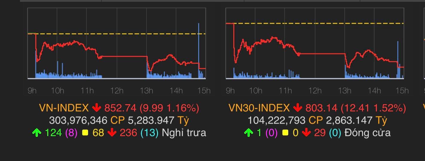 VN-Index giảm 9,99 điểm (1,16%) xuống 852,74 điểm.