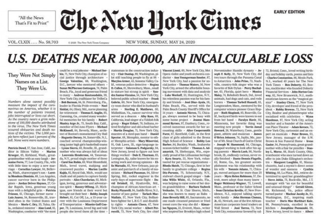 Tờ New York Times in tên của 1.000 bệnh nhân qua đời Covid-19 lên trang nhất trong số báo phát hành ngày 24-5. Ảnh: NYT