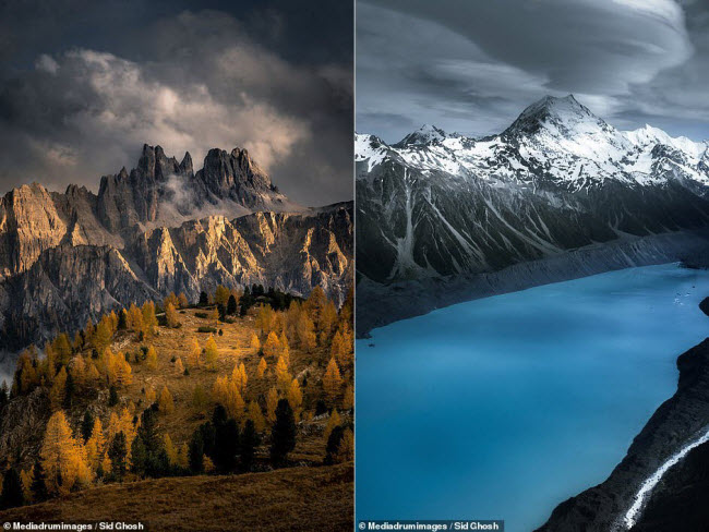 Nhiếp ảnh gia Sid Ghosh chụp dãy núi Dolomites ở Italia (trái) và núi Cook ở New Zealand (phải).

