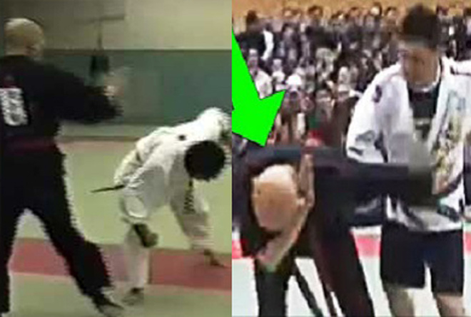 Đại võ sư&nbsp;Ryuken Yanagi (áo đen) gặp họa khi đấu võ sĩ MMA&nbsp;Tsuyoshi Iwakura (phải)