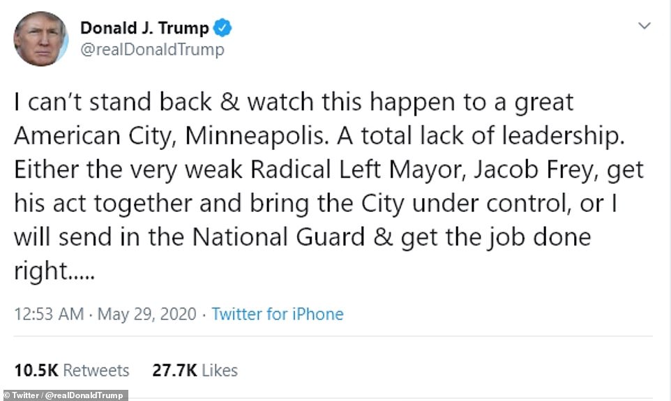 Ông Trump chỉ trích sự yếu kém của thị trưởng Jacob Frey và dọa sẽ can thiệp.