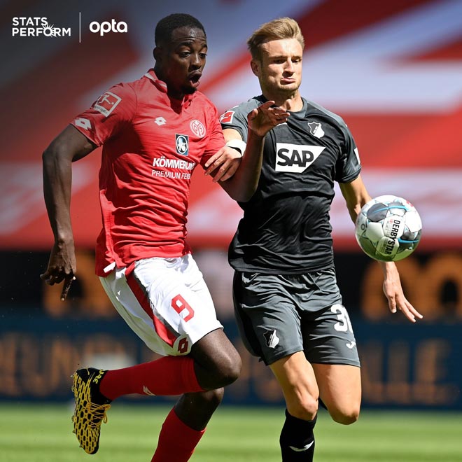 Mainz 05 (áo đỏ) khá đen đủi khi bỏ lỡ một quả phạt đền và bị từ chối một bàn thắng khi đối đầu Hoffenheim
