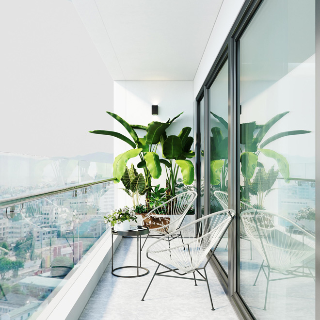 Ban công phòng khách theo phong cách tối giản (Minimalism) là sự lựa chọn hàng đầu của gia chủ yêu thích sự giản đơn, nhưng cầu toàn, kỹ tính
