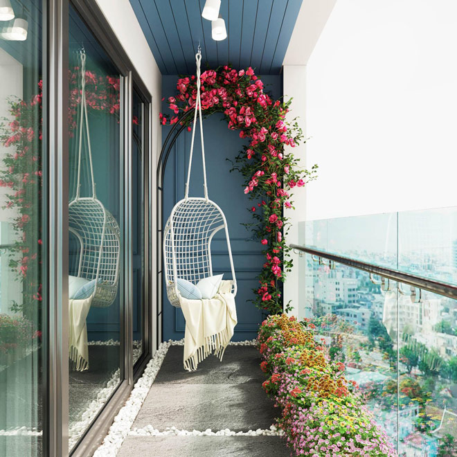 Đi vào những chi tiết, đường nét và hình dáng thiết kế khá đơn giản, ban công phòng khách trở thành không gian thư giãn tuyệt vời cho những quý cô mộng mơ hay những người phụ nữ với tâm hồn bay bổng