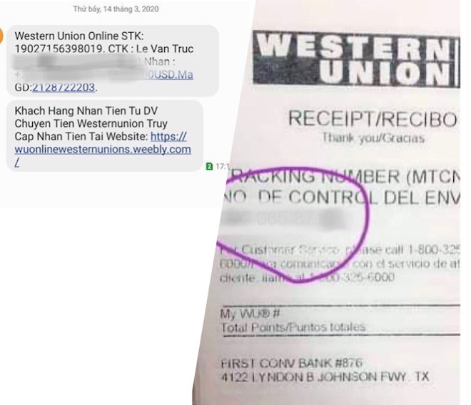 Các đối tượng lừa đảo giả lập một hóa đơn, chứng từ tiếp nhận tiền của dịch vụ chuyển tiền quốc tế Western Union rồi gửi tin nhắn hình ảnh cho bị hại.
