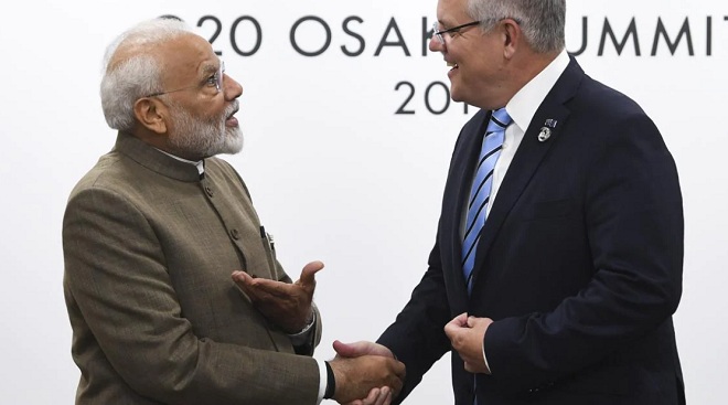 Thủ tướng Ấn Độ Narendra Modi bắt tay người đồng cấp Úc Scott Morrison bên lề hội nghị G20 ở Osaka, Nhật Bản năm 2019.