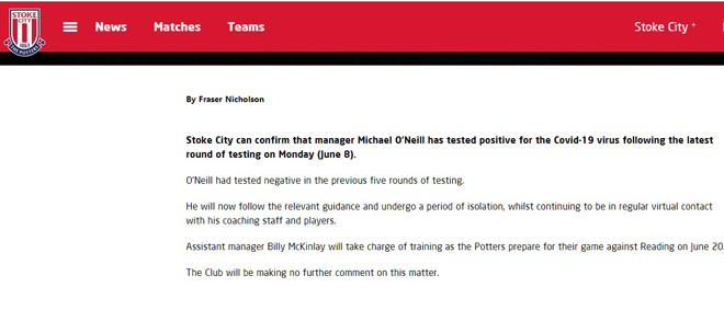 Trang chủ của Stoke City xác nhận HLV Michael O'Neill nhiễm Covid 19