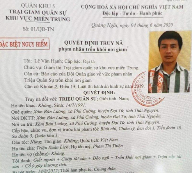 Quyết định truy nã đối với Triệu Quân Sự.